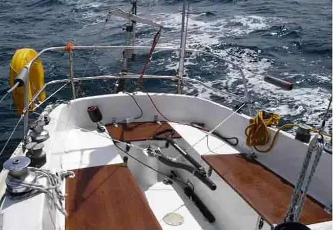 Close-up mechanism view of a self-steering unit in cold weather sailing