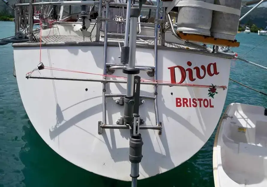 Clean deck layout with the self-steering gear tucked neatly at the stern
