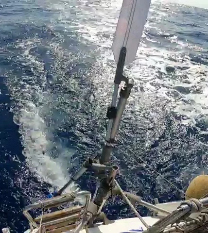 Illustration of boat heeling affecting off-center rudder submersion